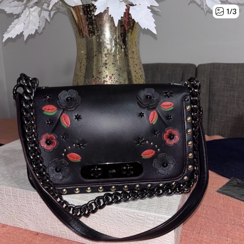 Coach Black Shoulder Bag with Floral Accents